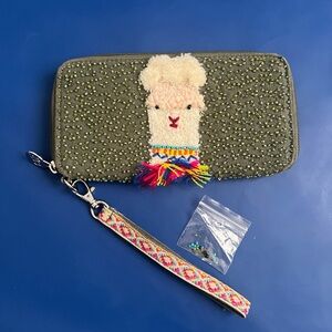 Green Beaded Llama Wallet with Wrist Strap